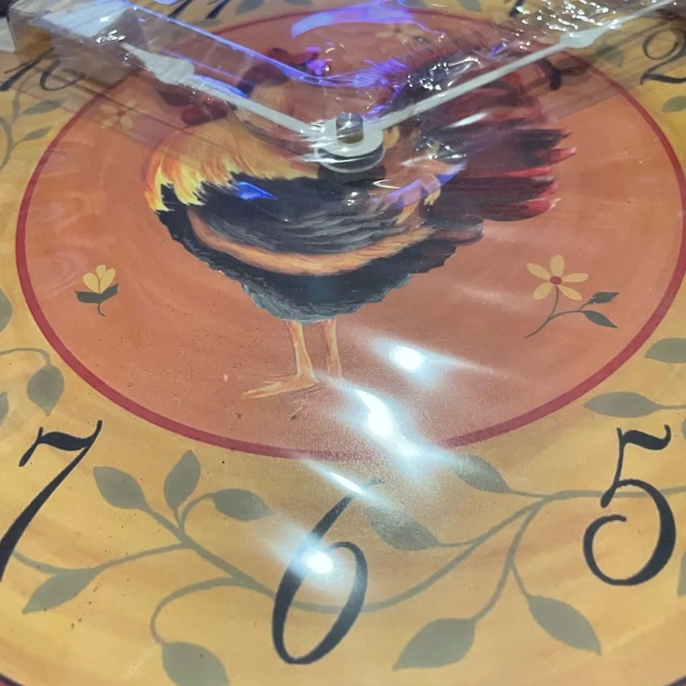 French Country Rooster Wall Clock Rich Gold/orange/ Black/metal stand NEW in Box